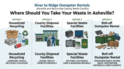 Infographic comparing household recycling, county disposal facilities, special-waste programs, and roll-off dumpster rental options in Asheville.
