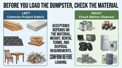 Decision guide showing recycling, municipal bulky-item pickup, special-waste programs, donation and dumpster rental for eligible debris.