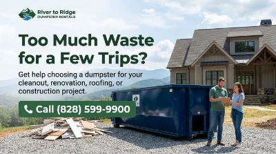 Illustration of a roll-off dumpster at a home renovation site, representing dumpster rental for Asheville-area cleanouts and remodeling projects.