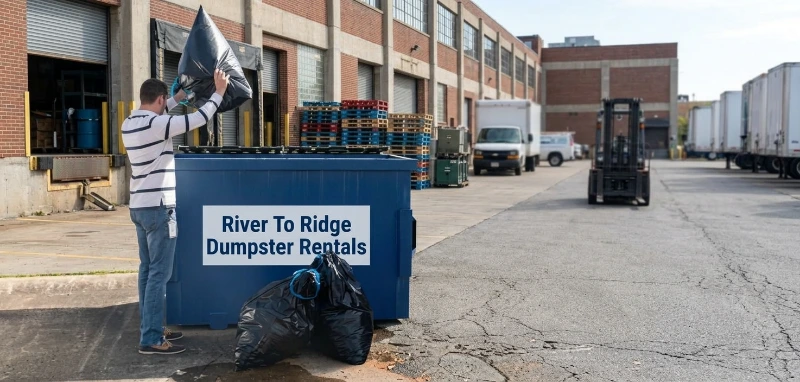 6-yard front-load dumpster beside a restaurant service area