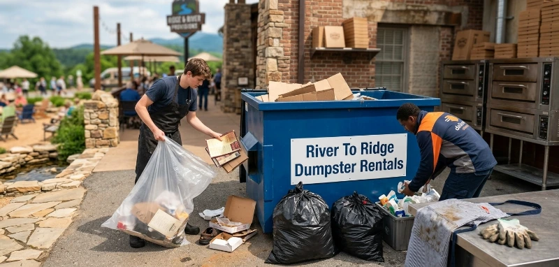 Person placing waste into an open front-load dumpster