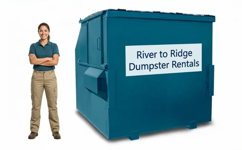 Front-load dumpster with open lids showing the container interior