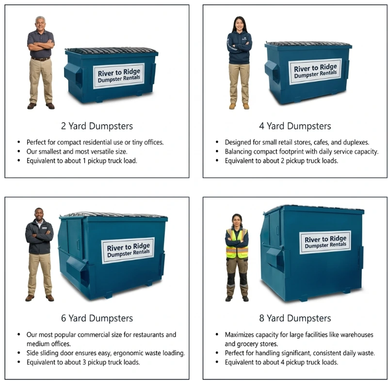 Front-load dumpster size comparison for 2-, 4-, 6-, and 8-yard containers