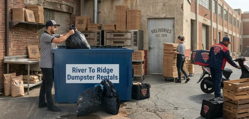 6-yard front-load dumpster in a restaurant parking area
